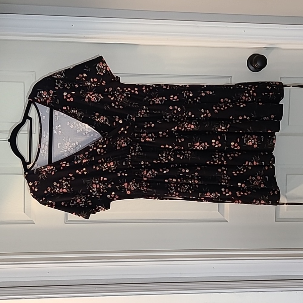 XXL black flowered shirt.  Gathers just under bust line and length is past hip.